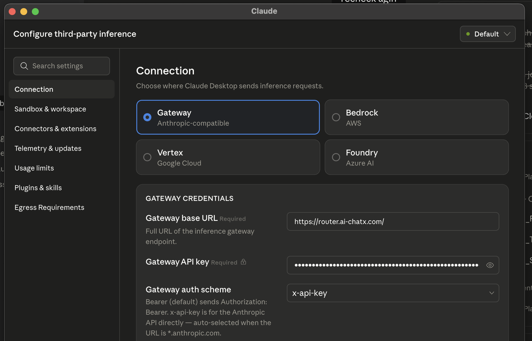 Claude Desktop — Configure third-party inference with NextBrain as the gateway, replacing direct Anthropic calls with organisation-controlled routing
